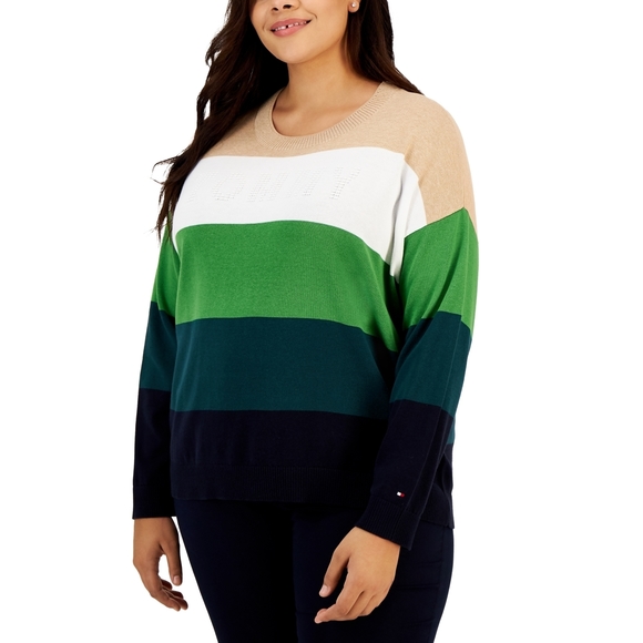 Tommy Hilfiger Plus Colorblock Sweater - Green, 3X - Women's Knitwear - Picture 1 of 1